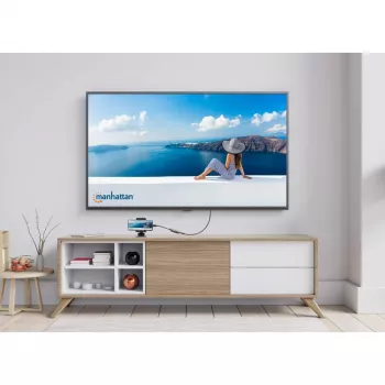 Manhattan USB-C Dock/Hub, poorten (x3): HDMI, USB-A en USB-C, met Power Delivery (100W) naar de USB-C-poort (let op: extra USB-C-voeding en USB-C-kabel vereist), universeel voor alle apparaten, kabel 10 cm, Zwart, Drie jaar garantie