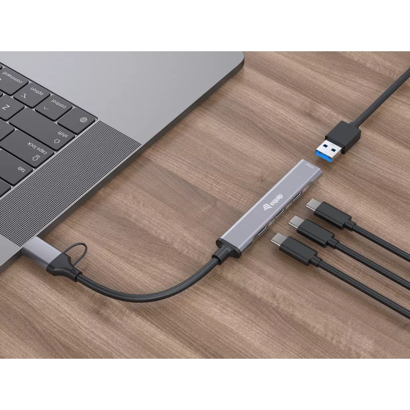 USB 3.2 Gen 1 4-poorts hub EQUIP — 3× USB-C + 1× USB-A, 5 Gbit/s, aluminium, grijs