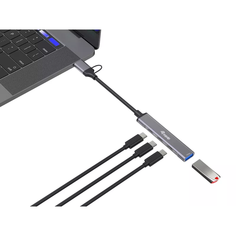 USB 3.2 Gen 1 4-poorts hub EQUIP — 3× USB-C + 1× USB-A, 5 Gbit/s, aluminium, grijs