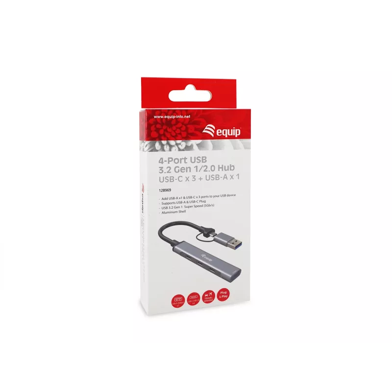USB 3.2 Gen 1 4-poorts hub EQUIP — 3× USB-C + 1× USB-A, 5 Gbit/s, aluminium, grijs