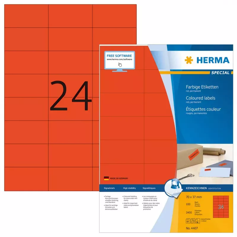 Etiketten HERMA kleur A4 70x37 mm rood papier mat 2400 stuks