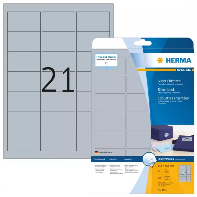 Zelfklevend printeretiket HERMA Labels A4 63,5x38,1 mm zilver folie glanzend