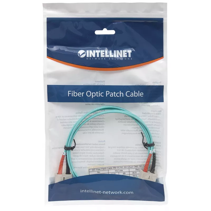 Intellinet glasvezel-patchkabel, OM3, SC/SC, 3 m, aqua, duplex, multimode, 50/125 µm, LSZH, glasvezel, levenslange garantie
