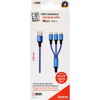 USB-kabel 2GO 797151 1,5 m USB-B USB-C/micro-USB-B/Lightning zwart blauw