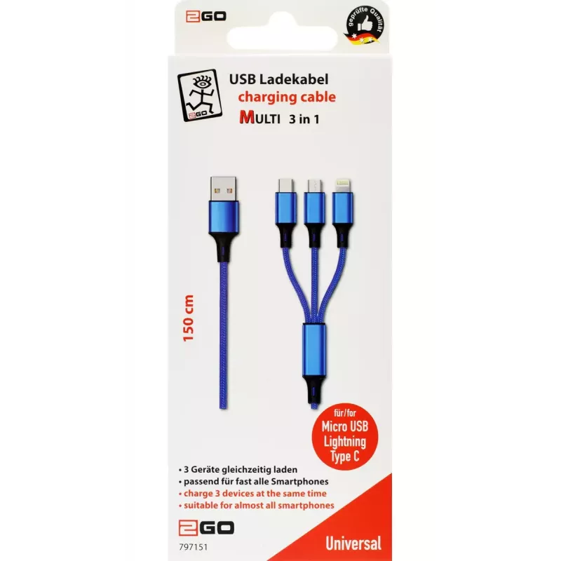 USB-kabel 2GO 797151 1,5 m USB-B USB-C/micro-USB-B/Lightning zwart blauw
