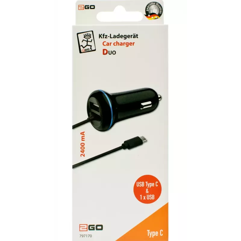 Mobiele oplader 2GO 797170 universeel zwart sigarettenaansteker auto 12/24V USB 1,4m