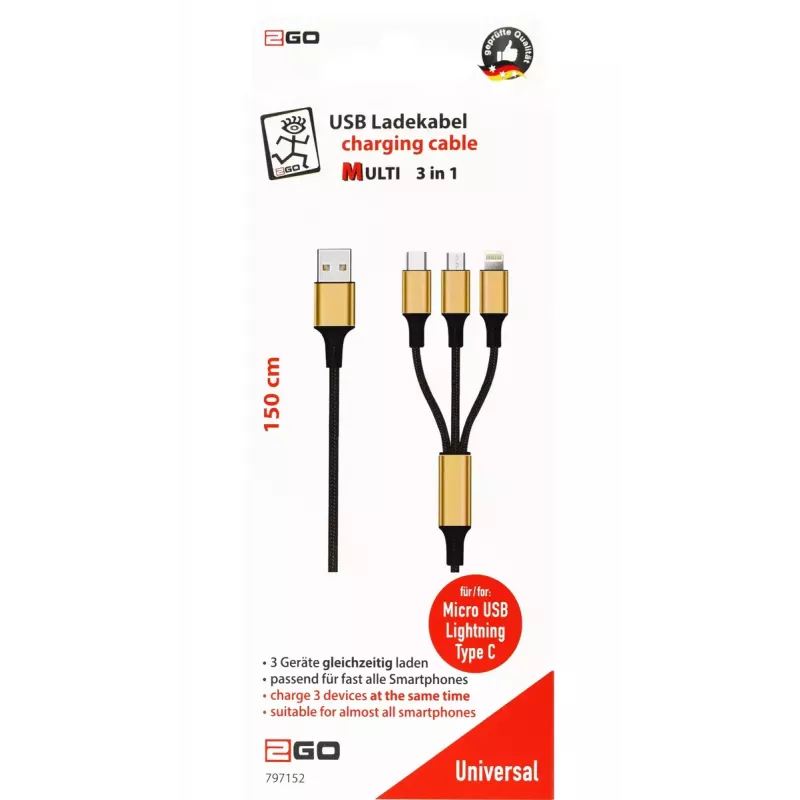 USB-kabel 2GO 797152 3m USB B USB C/micro-USB B/Lightning zwart goud