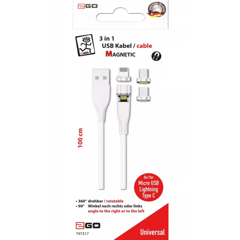 USB-kabel 2GO 797317 1m USB B USB C/micro-USB B/Lightning wit