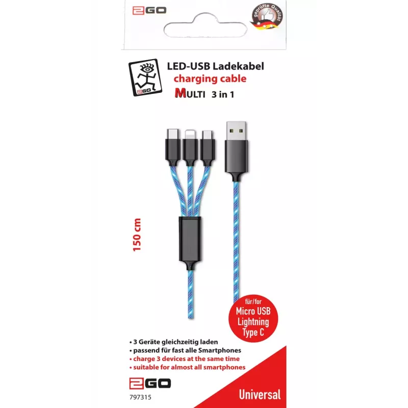 USB-kabel 2GO 797315 1,5m USB B USB C/micro-USB B/Lightning zwart blauw