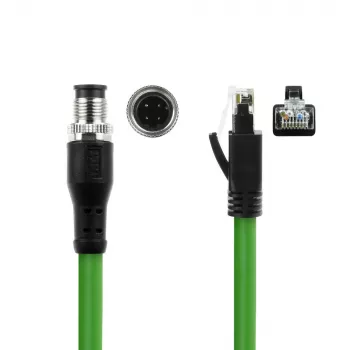 ACT Industrial 5,00 meter sensorkabel M12D 4-polig stekker haaks naar RJ45 stekker, Superflex Xtreme TPE-kabel, afgeschermd