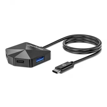 Manhattan USB-C & USB-A combo-dock/hub, poorten (4): USB-A (x2) en USB-C (x2), 5 Gbit/s (USB 3.2 Gen1 ook bekend als USB 3.0), haakse vorm voor eenvoudige toegang tot de poorten, USB-gevoed (geen externe voeding nodig)