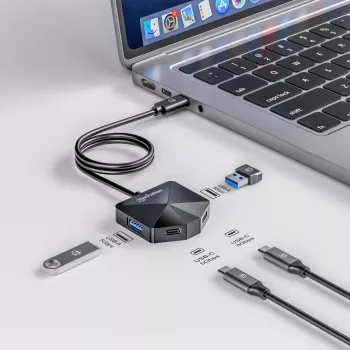 Manhattan USB-C & USB-A combo-dock/hub, poorten (4): USB-A (x2) en USB-C (x2), 5 Gbit/s (USB 3.2 Gen1 ook bekend als USB 3.0), haakse vorm voor eenvoudige toegang tot de poorten, USB-gevoed (geen externe voeding nodig)