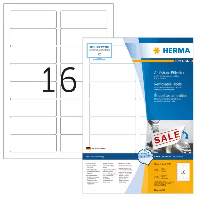 Herbruikbare etiketten HERMA 10303 A4 88,9x33,8 mm wit