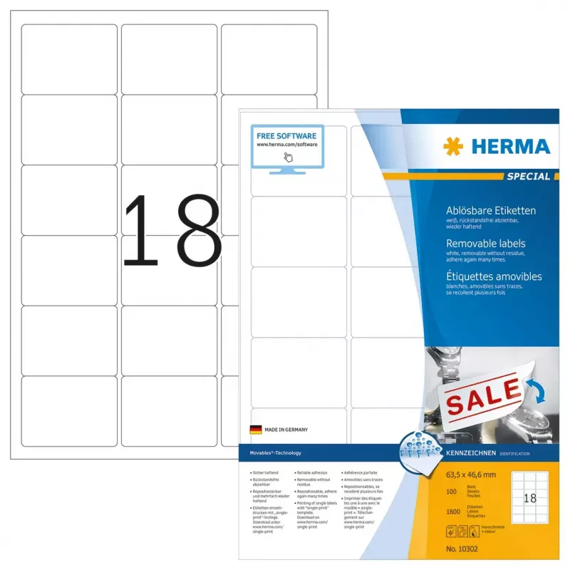 Herbruikbare etiketten HERMA A4 63,5x46,6 mm 1800 stuks