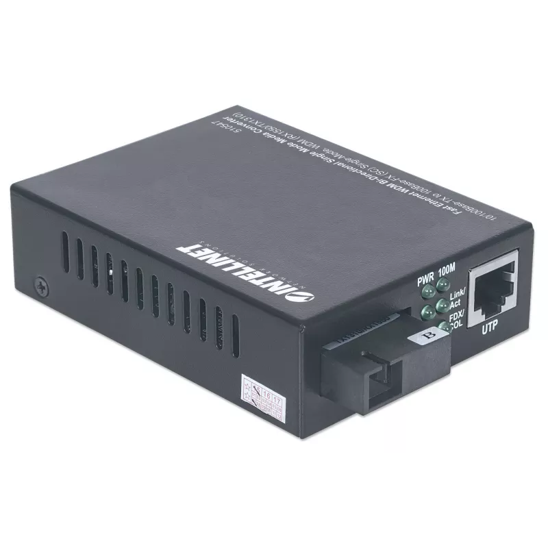 Intellinet 510547 Fast Ethernet WDM bidirectionele mediaconverter, 10/100Base-TX naar 100Base-FX (SC) singlemode, 20 km (12,4 mi), Rx1550/Tx1310 nm