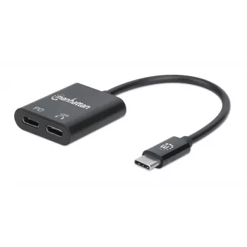 Manhattan USB-C naar USB-C audio-adapter en USB-C (incl. Power Delivery), zwart, 480 Mbit/s (USB 2.0), kabel 11cm, met Power Delivery naar USB-C-poort (60W), drie jaar garantie