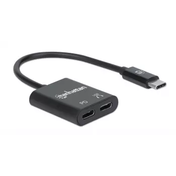 Manhattan USB-C naar USB-C audio-adapter en USB-C (incl. Power Delivery), zwart, 480 Mbit/s (USB 2.0), kabel 11cm, met Power Delivery naar USB-C-poort (60W), drie jaar garantie