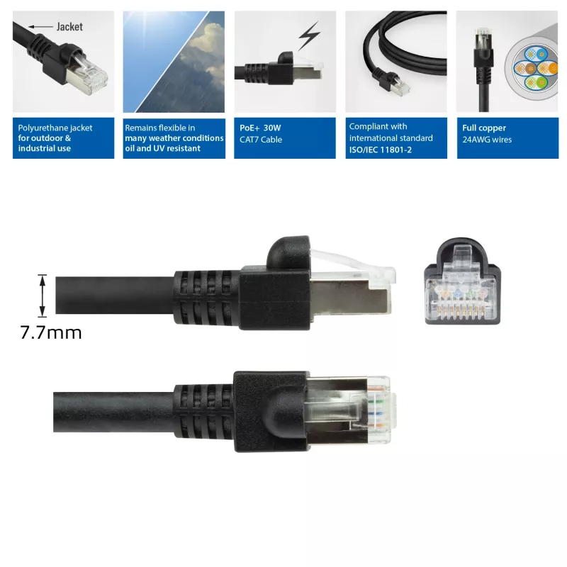 ACT zwart 7 meter S/FTP CAT7 PUR flex-patchkabel rastnasenvrij met RJ45-stekkers (CAT6A-conform)