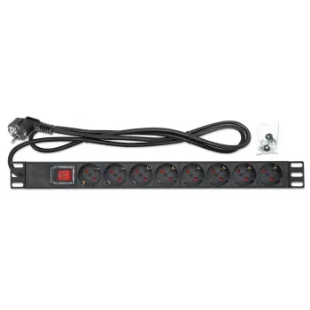 Intellinet 19 inch 1HE rackmount 8-voudige power distribution unit (PDU), EU CEE 7/3 stopcontacten, geïntegreerde 2m netkabel met EU CEE 7/7 stekker, 16 A, aan/uit-schakelaar, horizontale montage, aluminium, zwart