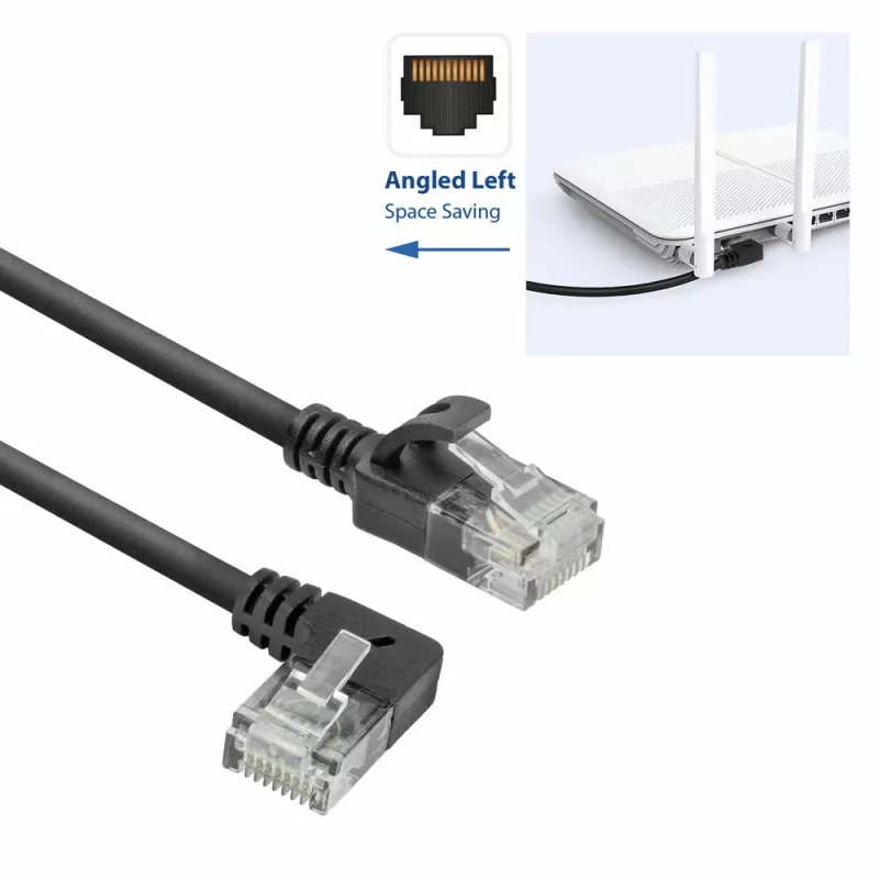 ACT zwart 5 meter U/UTP CAT6A LSZH slimline patchkabel met RJ45-stekkers 90° haaks links naar recht