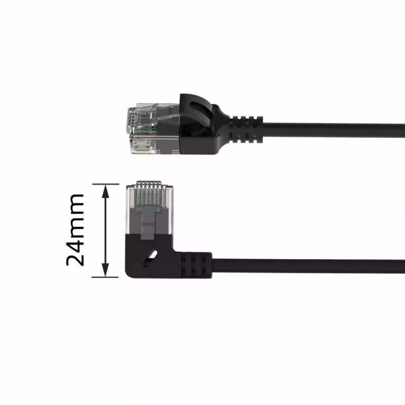 ACT zwart 5 meter U/UTP CAT6A LSZH slimline patchkabel met RJ45-stekkers 90° haaks links naar recht