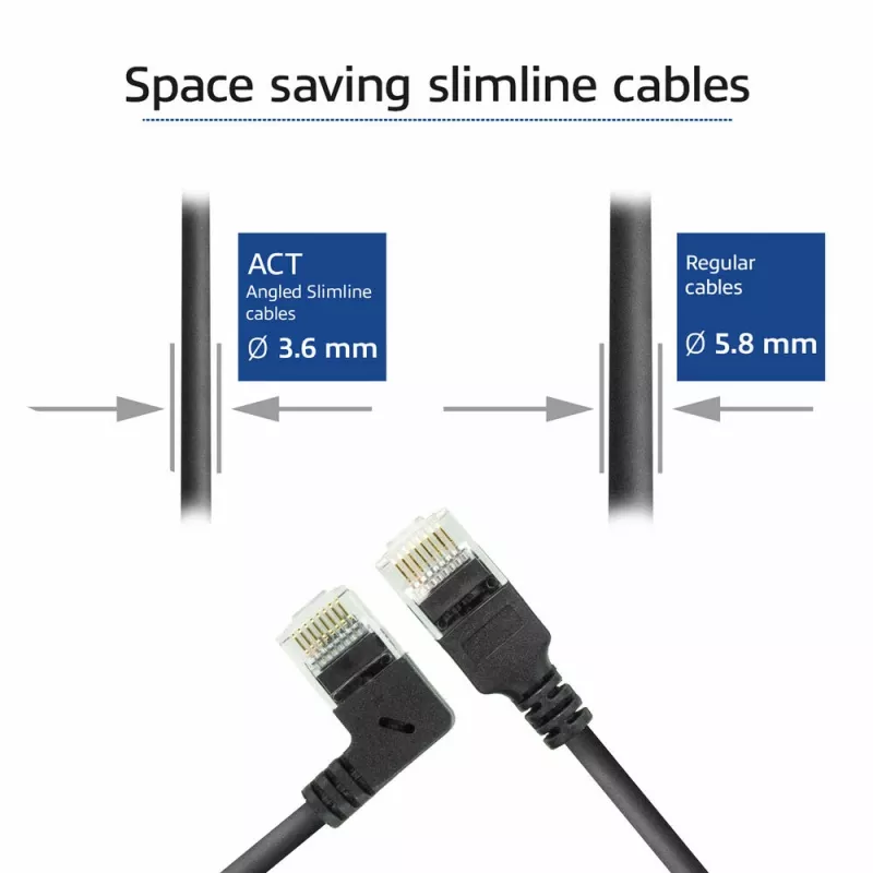 ACT zwart 3 meter U/UTP CAT6A LSZH slimline patchkabel met RJ45-stekkers 90° haaks links naar recht