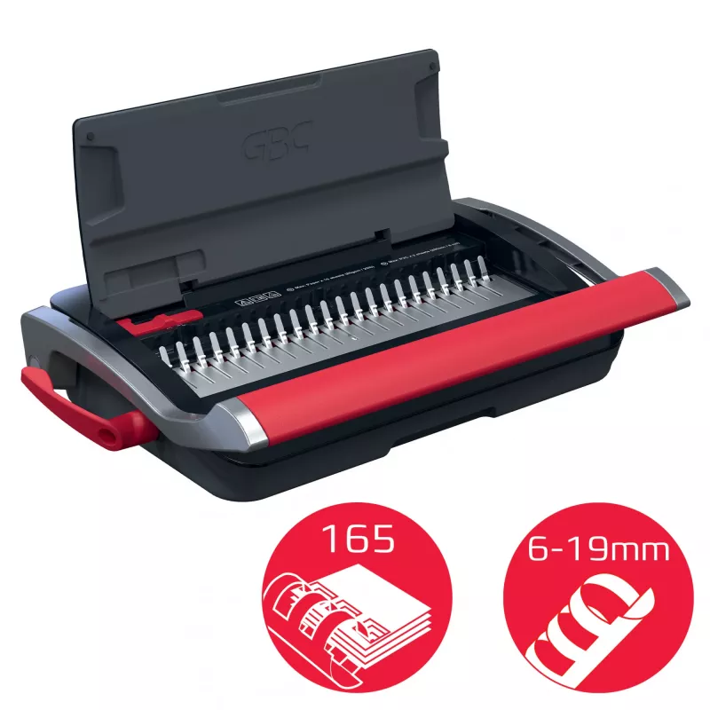 GBC CombBind® CB15 handmatige bindmachine, kam-bindmachine, handmatig, 165 vel, zwart, rood