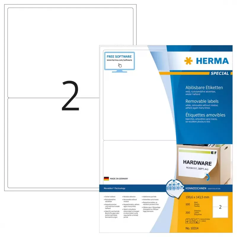 Afneembare etiketten HERMA 10314 A4 199,6 x 143,5 mm