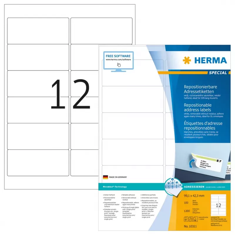 Adresetiketten HERMA herbruikbaar A4 99,1x42,3 mm 1200 stuks