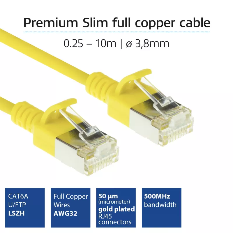 ACT geel 0,5 meter LSZH U/FTP CAT6A datacenter slimline patchkabel rastnasenfrei met RJ45-stekkers