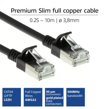ACT zwart 5 meter LSZH U/FTP CAT6A datacenter slimline patchkabel rastnasenfrei met RJ45-stekkers