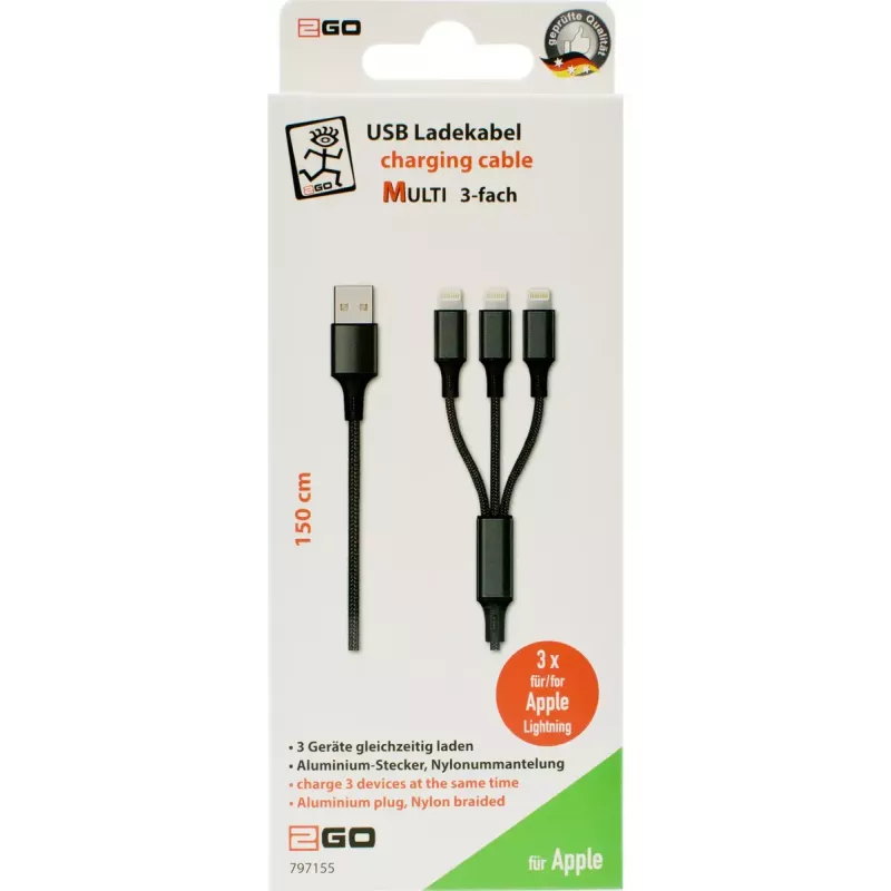 Lightning-kabel 2GO 797155 1,5 m Zwart USB B USB C Micro-USB B