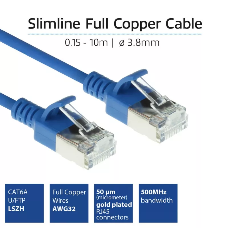 ACT blauw 7m LSZH U/FTP CAT6A datacenter slimline patchkabel met rastnasenbescherming en RJ45-stekkers