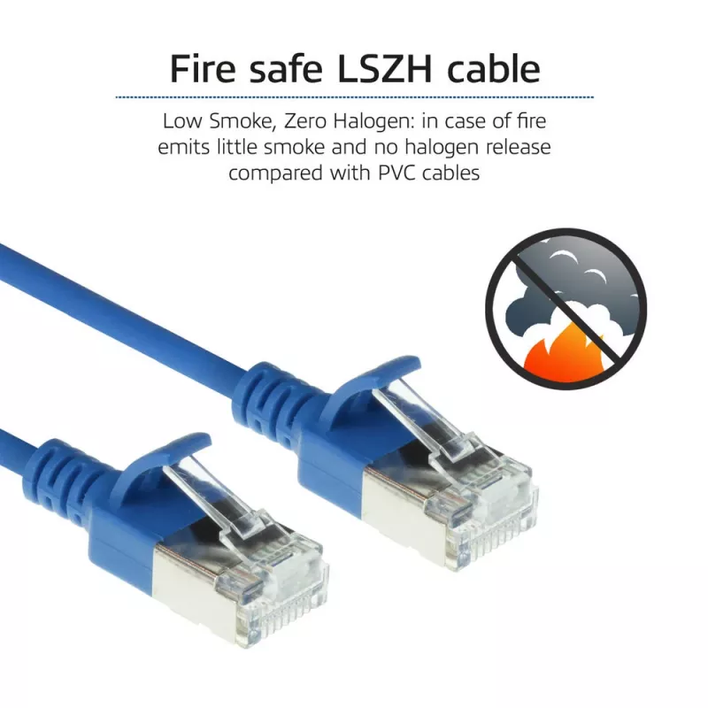 ACT blauw 10 meter LSZH U/FTP CAT6A datacenter slimline patchkabel met rastnasen RJ45-stekkers