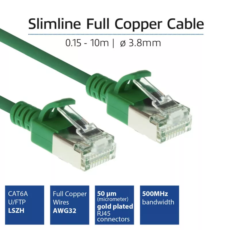 ACT groen 7m LSZH U/FTP CAT6A datacenter slimline patchkabel met rastnasenbescherming en RJ45-stekkers