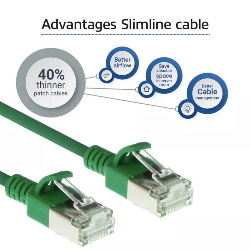 ACT groen 10 meter LSZH U/FTP CAT6A datacenter slimline patchkabel, rastnasenvrij met RJ45-stekkers