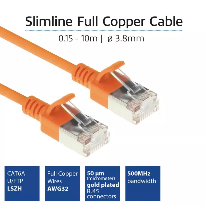 ACT oranje 0,5 meter LSZH U/FTP CAT6A datacenter slimline patchkabel, rastnasenbescherming met RJ45-stekkers