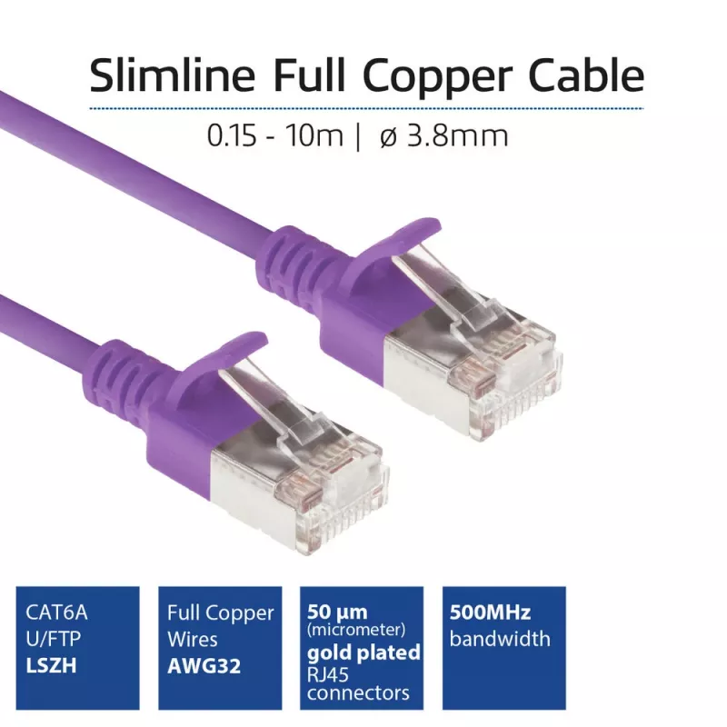 ACT Paars 5 meter LSZH U/FTP CAT6A datacenter slimline-patchkabel rastnasvrij met RJ45-stekkers