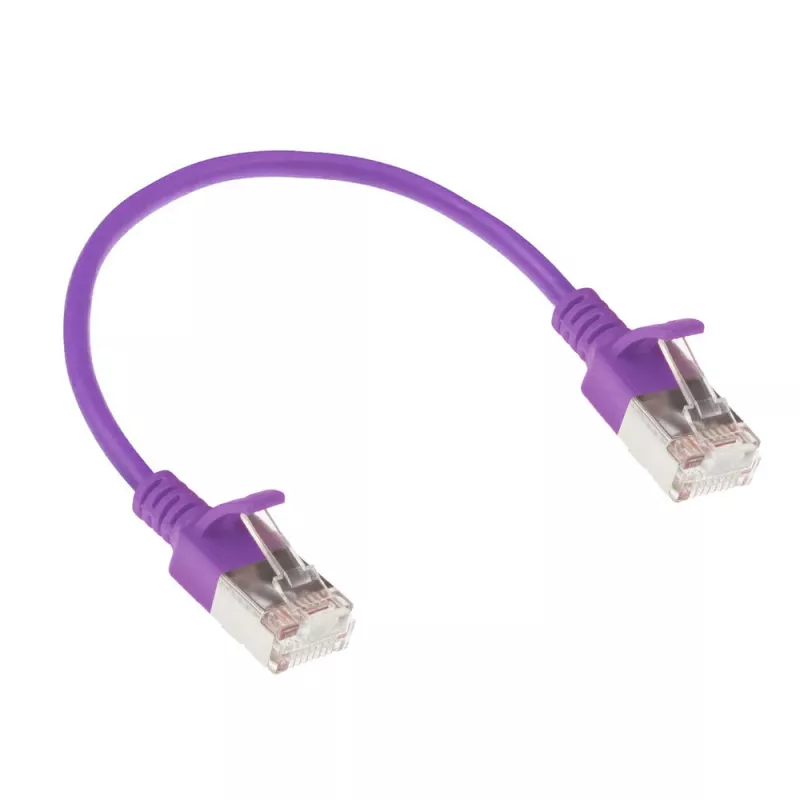 ACT Paars 0,15 m LSZH U/FTP CAT6A datacenter slimline-patchkabel met RJ45-stekkers en knikbeschermingshuls