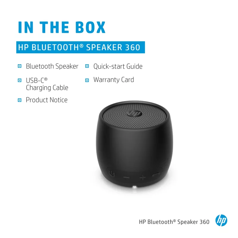 HP zwart Bluetooth Speaker 360, bedraad & draadloos, mono draagbare luidspreker, zwart, cilinder, knoppen, universeel