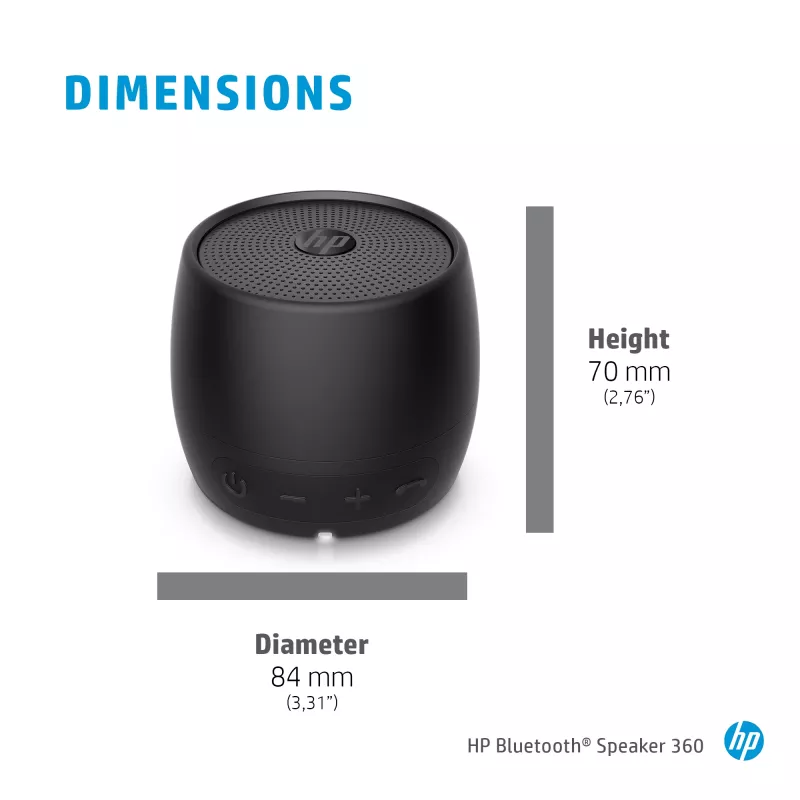 HP zwart Bluetooth Speaker 360, bedraad & draadloos, mono draagbare luidspreker, zwart, cilinder, knoppen, universeel