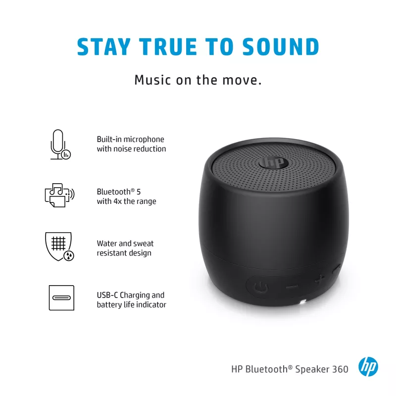 HP zwart Bluetooth Speaker 360, bedraad & draadloos, mono draagbare luidspreker, zwart, cilinder, knoppen, universeel