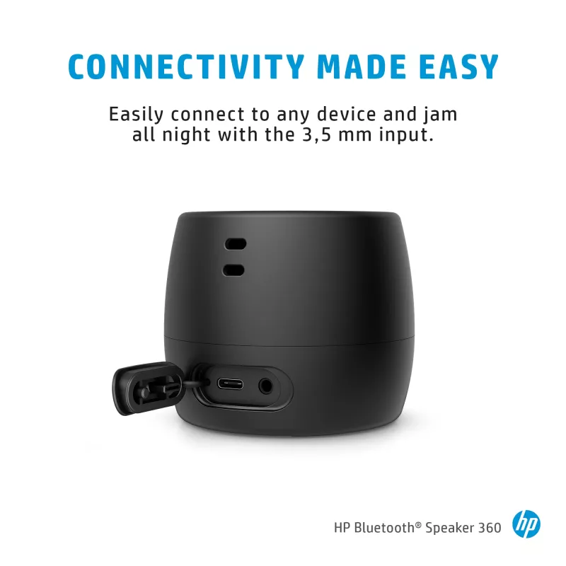 HP zwart Bluetooth Speaker 360, bedraad & draadloos, mono draagbare luidspreker, zwart, cilinder, knoppen, universeel