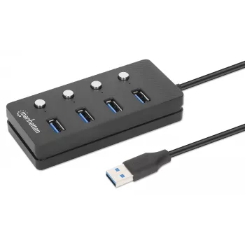 Manhattan USB-C dock/hub, poorten (x4) met aan-/uitschakelaar per poort: USB-A (x4), 5 Gbps (USB 3.2 Gen1 ook bekend als USB 3.0), universeel voor alle apparaten, bus- of AC-voeding (optionele aansluiting, niet meegeleverd), kabel 1,5 m, SuperSpeed USB, zwart, drie jaar garantie