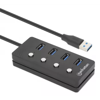 Manhattan USB-C dock/hub, poorten (x4) met aan-/uitschakelaar per poort: USB-A (x4), 5 Gbps (USB 3.2 Gen1 ook bekend als USB 3.0), universeel voor alle apparaten, bus- of AC-voeding (optionele aansluiting, niet meegeleverd), kabel 1,5 m, SuperSpeed USB, zwart, drie jaar garantie