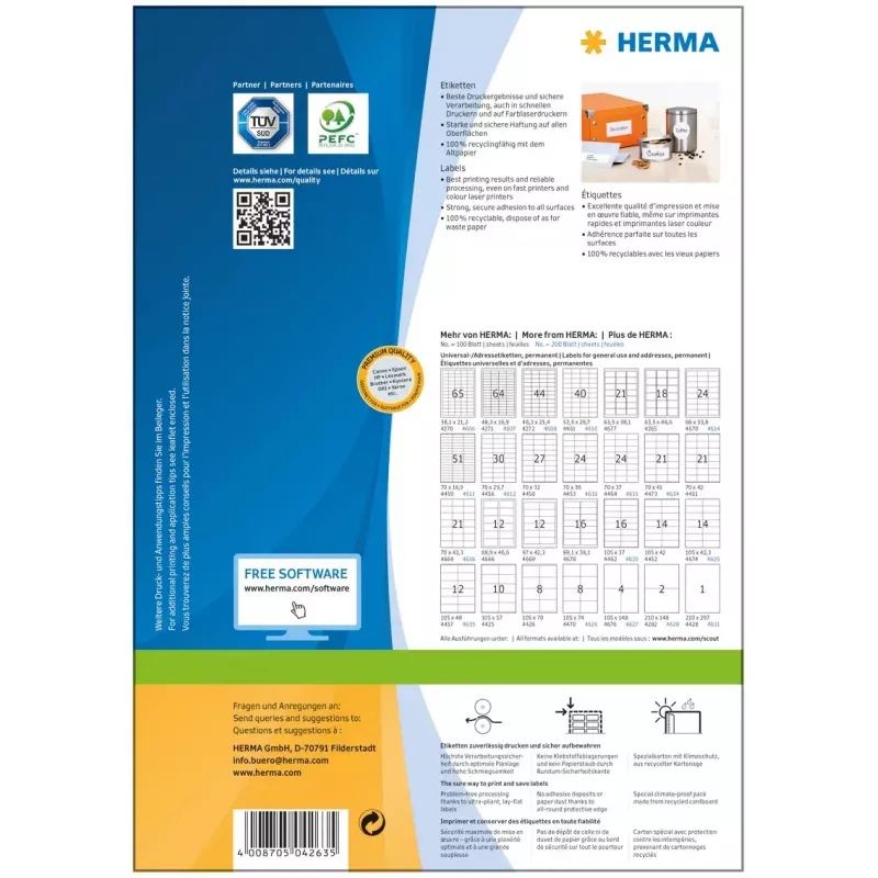Zelfklevende printeretiketten HERMA Premium A4 70x33,8 mm 2400 stuks