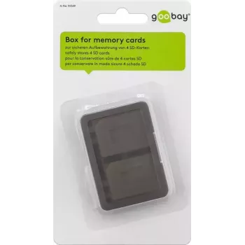 Geheugenkaart-opbergbox GOOBAY 95349 — biedt plaats aan 4 kaarten, compatibel met SD/MicroSD/MMC, grijs-transparant kunststof
