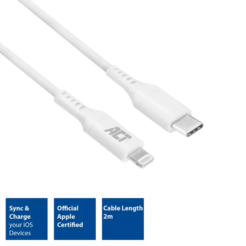 ACT USB 2.0 laad-/datakabel C-stekker - Lightning-stekker 2 meter, MFI-gecertificeerd