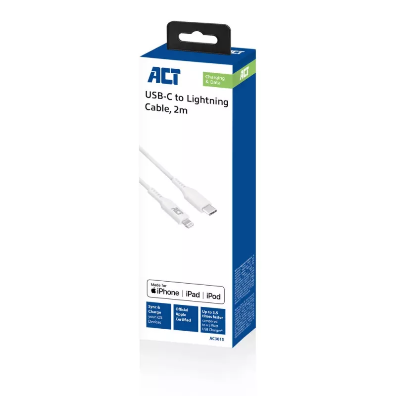 ACT USB 2.0 laad-/datakabel C-stekker - Lightning-stekker 2 meter, MFI-gecertificeerd