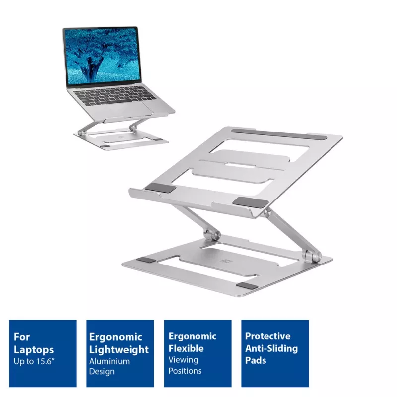 Laptopstandaard ACT AC8135 aluminium grijs traploos in hoogte verstelbaar